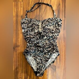 Figleaves Sophina one piece halter swimsuit 30FF underwire black tan